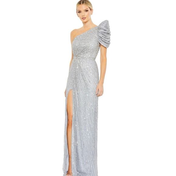 MAC DUGGAL STYLE 5622 SEQUIN  one-shoulder gown in shimmering silver sz 12 - Picture 1 of 13